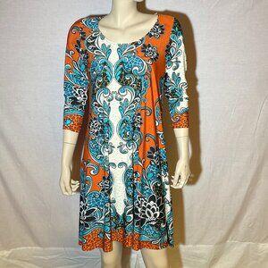 Honeyme Dress Orange and Blue Print Size Small